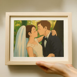 Romantic Animated Wedding Kiss Artwork in Soft Pastel Colors - Perfect for Home Decor and Gift Ideas