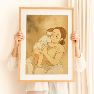 Heartwarming Anime Art: Tender Mother and Baby Embrace Illustration for Cozy Home Decor