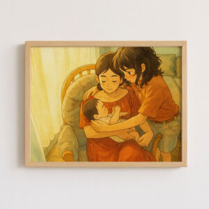 Heartwarming Mother and Baby Illustration: Cozy Moments Captured in Charming Art Style for Your Home Decor