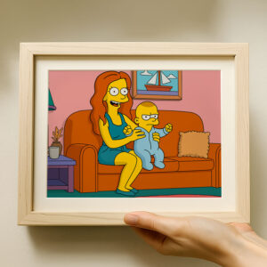 Charming Family Art: Simpsons-Inspired Illustration of a Mother Holding Her Baby in a Cozy Living Room Setting
