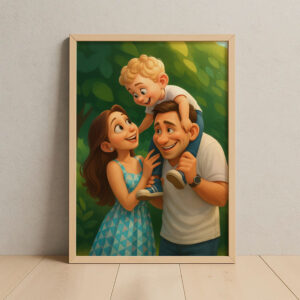 Charming Cartoon Family Portrait of Mother and Daughter Embracing in Joyful Moment