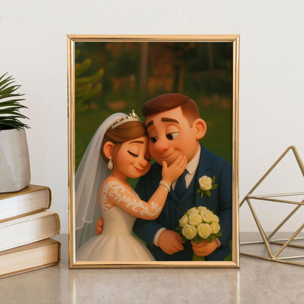 Charming Cartoon Wedding Portrait: Joyful Couple Embracing with Flowers in a Whimsical Art Style - Image 2