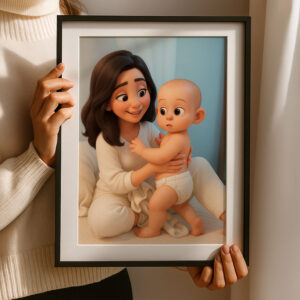 Heartwarming Mother and Baby Illustration - Adorable Cartoon Art for Nursery Decor, Perfect Gift for New Moms