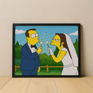 Charming Simpsons Wedding Art - Homer & Marge in Playful Cartoon Style Perfect for Home Decor