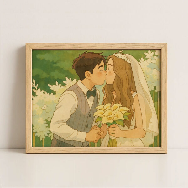 Romantic Cartoon Wedding Kiss Art Print - Elegant Couple Illustration for Home Décor - Image 2