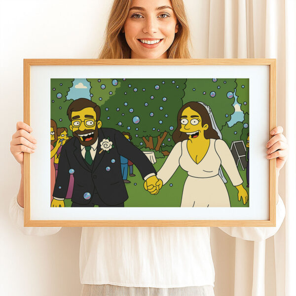 Whimsical Cartoon Wedding Art Print Featuring Cheerful Couple in Unique Animated Style - Image 2