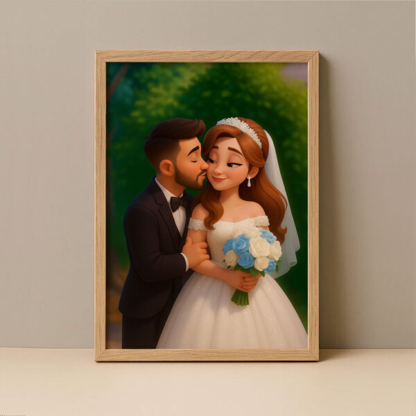 Charming Cartoon Wedding Portrait of a Loving Couple – Perfect for Home Decor and Gifts - Image 2