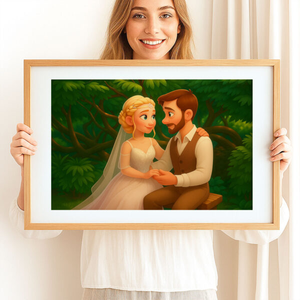 Whimsical Disney-Inspired Wedding Art Print of Loving Couple in Romantic Setting - Image 2