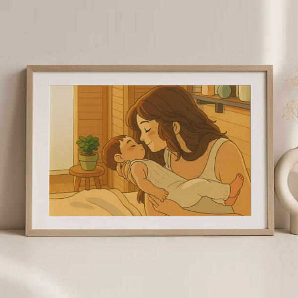 Sweet Embrace: Charming Illustrated Art Print of a Mother and Baby Bonding in Warm Tones for Cozy Home Decor - Image 2