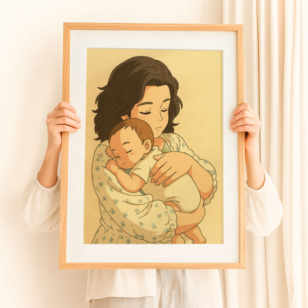 Heartwarming Illustrated Art: Mother Hugging Baby in Cozy Orange Blanket – Perfect for Nursery Decor and Gift Ideas - Image 2