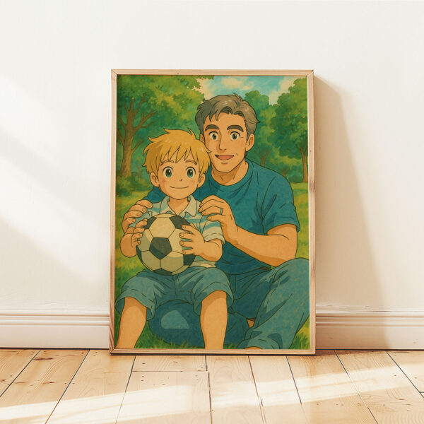 Charming Cartoon Style Artwork of Father and Son Enjoying Nature - Perfect for Family and Kids' Room Decor - Image 2