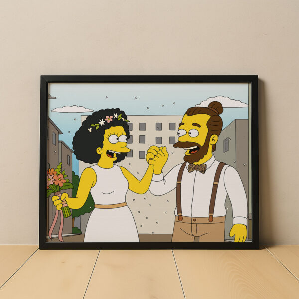 Whimsical Cartoon Wedding Art Print Featuring Homer and Marge in Iconic Simpsons Style - Image 2