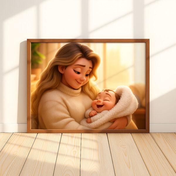Heartwarming Cartoon Art Print of Mother and Baby Cherishing a Sweet Moment Together – Perfect Decor for Nursery and Home - Image 2