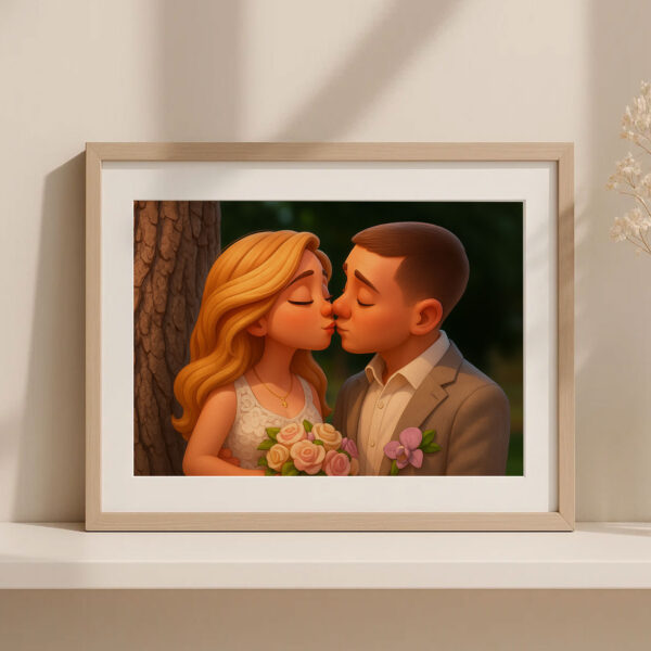 Charming Cartoon Wedding Kiss Art Print – Perfect Gift for Newlyweds and Couples in Love - Image 2