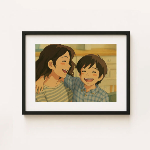 Charming Illustrative Art of Siblings Sharing Joyful Moments in Soft Pastel Tones – Perfect for Family Decor - Image 2