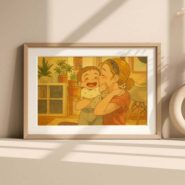 Heartwarming Illustration of a Mother Embracing Her Baby - Cozy Home Decor Art Print in Smooth Cartoon Style - Image 2