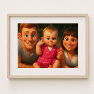 Charming Family Portrait: Heartwarming Cartoon Art Featuring Joyful Parents and Baby