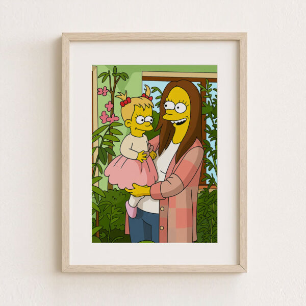 Delightful Cartoon Artwork: Happy Mother and Baby in Vibrant Simpsons Style - Perfect for Kids' Rooms or Cartoon Lovers' Décor!