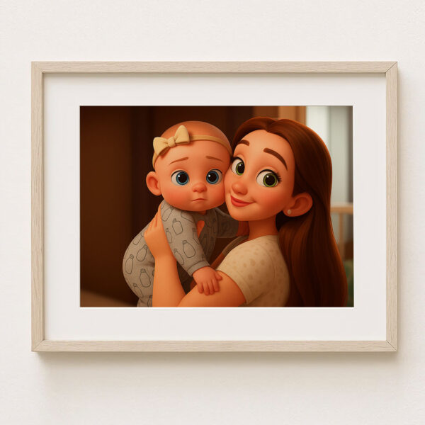 Charming Cartoon Art Print of a Loving Mother and Baby - Heartwarming Home Decor for Family Spaces - Image 2