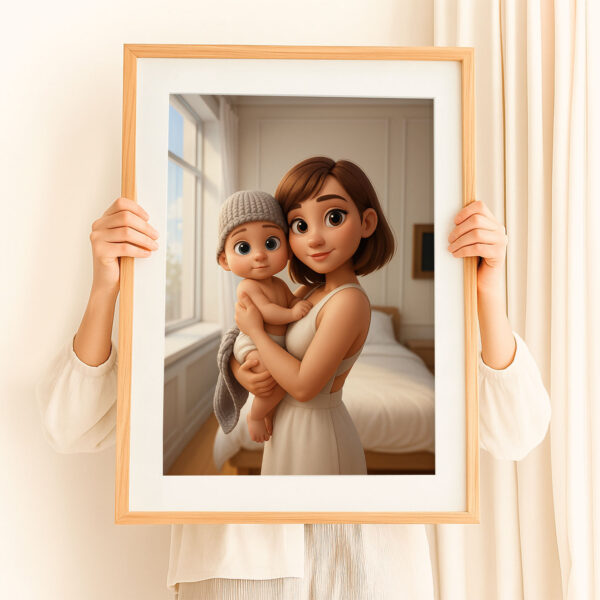 Adorable Cartoon Art Print of Loving Mother and Baby - Perfect Nursery Decor in Charming Style for Family Moments - Image 2