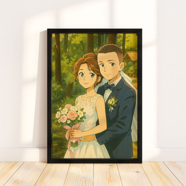 Charming Vintage Wedding Art Print: Joyful Couple in Elegant Attire with Floral Bouquet - Image 2