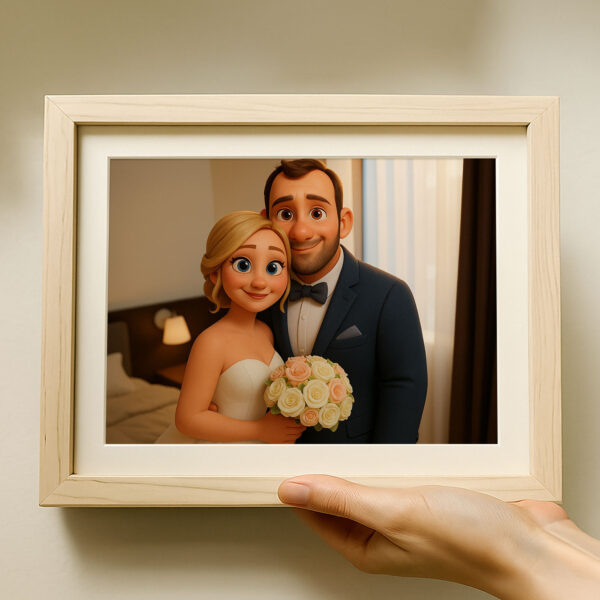 Charming Cartoon Wedding Portrait of a Bride and Groom in Whimsical Art Style for Your Home Decor - Image 2