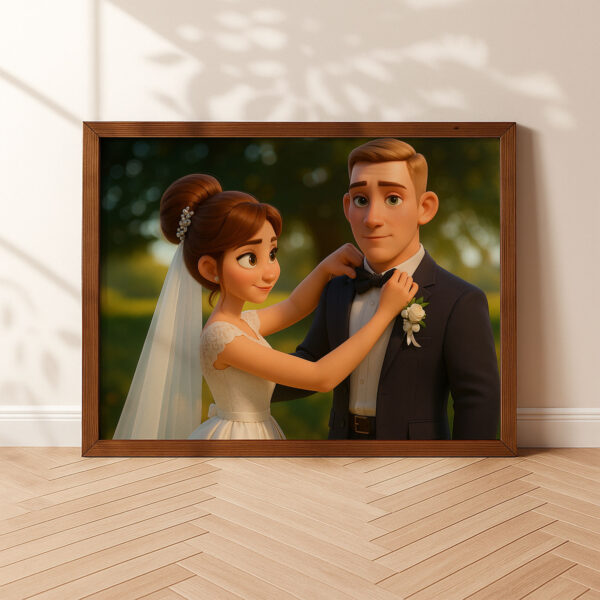 Charming Cartoon Wedding Portrait of a Bride and Groom in a Lush Forest Setting - Image 2
