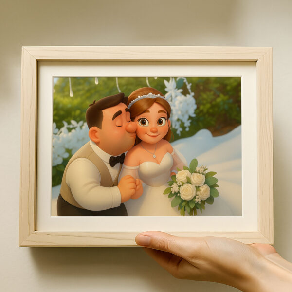 Charming Cartoon Wedding Portrait of Happy Couple in Vibrant Animation Style - Ideal for Home Decor - Image 2