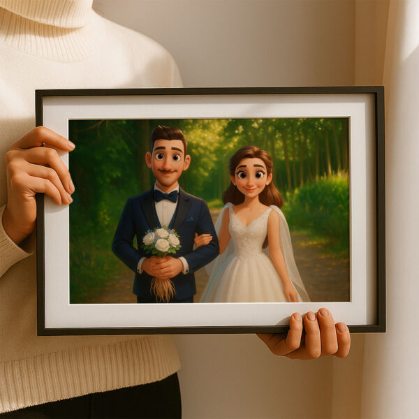 Charming Cartoon Wedding Art Print: Beautiful Bride and Groom in Vibrant Animation Style for Your Home Décor - Image 2