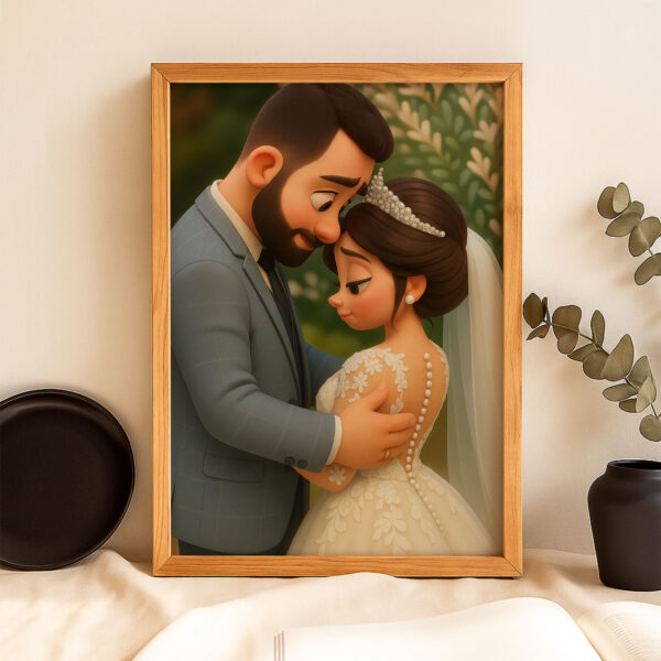 Whimsical Wedding Portrait: Charming Animated Style Art of Bride and Groom Embracing, Perfect for Love Celebrations - Image 2