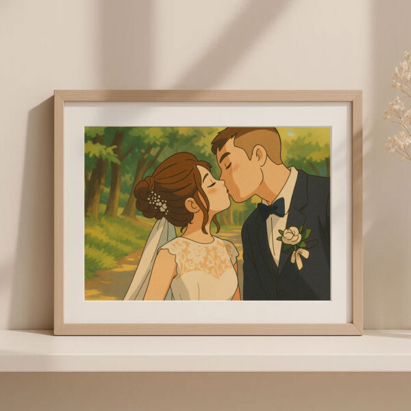 Romantic Animated Wedding Kiss Artwork in Soft Pastel Colors - Perfect for Home Decor and Gift Ideas - Image 2
