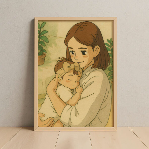 Heartwarming Anime Art: Tender Mother and Baby Embrace Illustration for Cozy Home Decor - Image 2