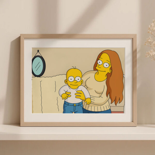 Charming Family Art: Simpsons-Inspired Illustration of a Mother Holding Her Baby in a Cozy Living Room Setting - Image 2