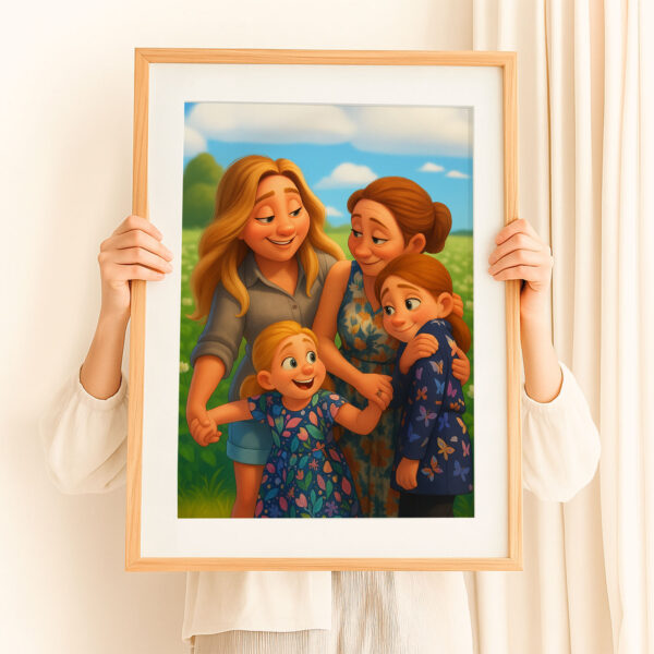 Charming Cartoon Family Portrait of Mother and Daughter Embracing in Joyful Moment - Image 2