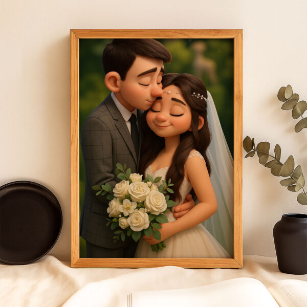 Charming Cartoon Wedding Portrait: Joyful Couple Embracing with Flowers in a Whimsical Art Style - Image 3