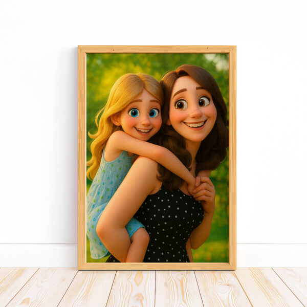 Whimsical Mother-Daughter Portrait: Heartwarming Cartoon Art for Your Home - Image 3