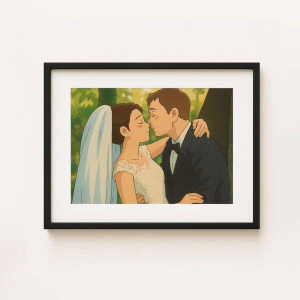 Romantic Cartoon Wedding Kiss Art Print - Elegant Couple Illustration for Home Décor - Image 3