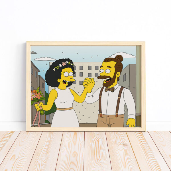 Whimsical Cartoon Wedding Art Print Featuring Cheerful Couple in Unique Animated Style - Image 3