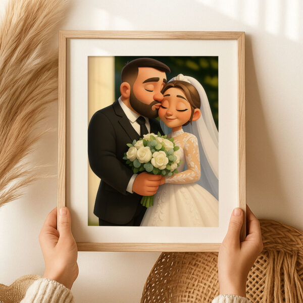 Charming Cartoon Wedding Portrait of a Loving Couple – Perfect for Home Decor and Gifts - Image 3