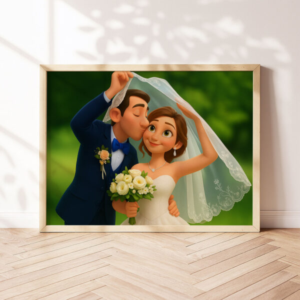 Whimsical Disney-Inspired Wedding Art Print of Loving Couple in Romantic Setting - Image 3