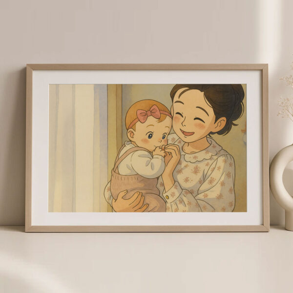 Sweet Embrace: Charming Illustrated Art Print of a Mother and Baby Bonding in Warm Tones for Cozy Home Decor - Image 3