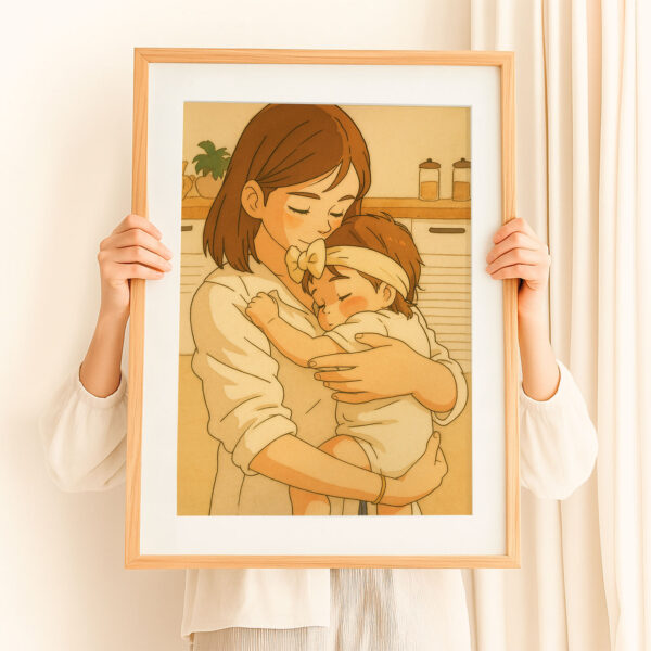 Heartwarming Illustrated Art: Mother Hugging Baby in Cozy Orange Blanket – Perfect for Nursery Decor and Gift Ideas - Image 3