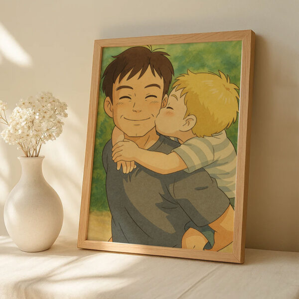 Charming Cartoon Style Artwork of Father and Son Enjoying Nature - Perfect for Family and Kids' Room Decor - Image 3