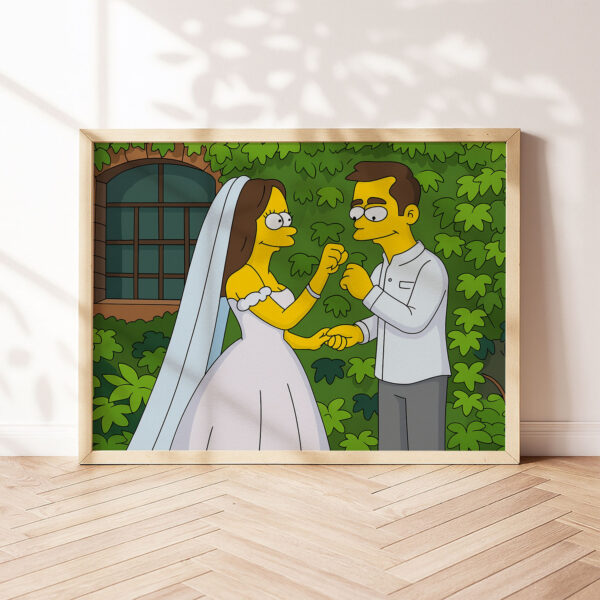 Whimsical Cartoon Wedding Art Print Featuring Homer and Marge in Iconic Simpsons Style - Image 3