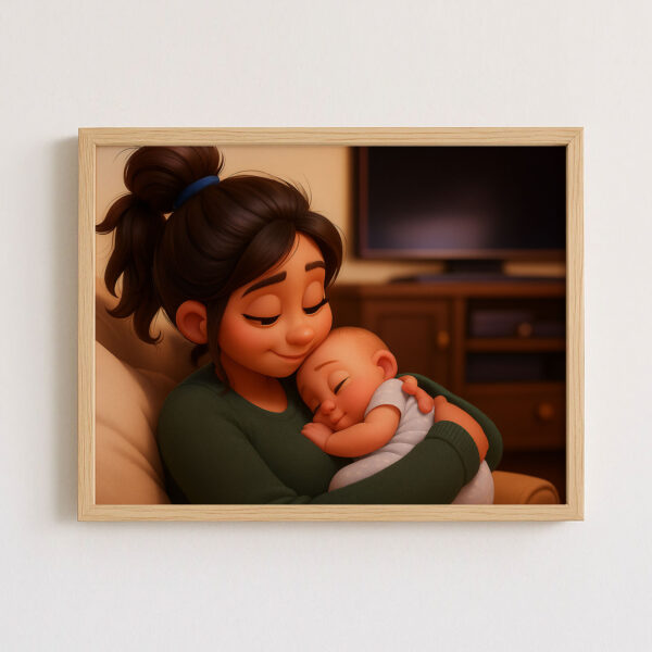 Adorable Cartoon Mom and Baby Art Print: Celebrate Love and Bonding in a Cozy Home Setting! - Image 3