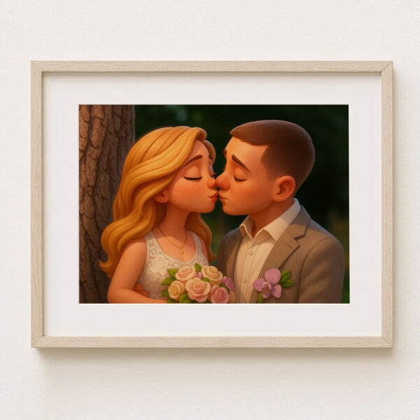 Charming Cartoon Wedding Kiss Art Print – Perfect Gift for Newlyweds and Couples in Love - Image 3