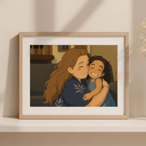 Charming Illustrative Art of Siblings Sharing Joyful Moments in Soft Pastel Tones – Perfect for Family Decor - Image 3