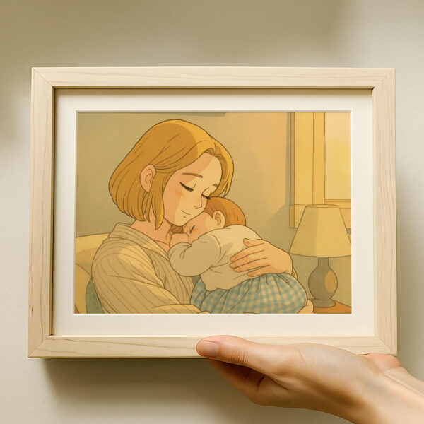 Heartwarming Illustration of a Mother Embracing Her Baby - Cozy Home Decor Art Print in Smooth Cartoon Style - Image 3