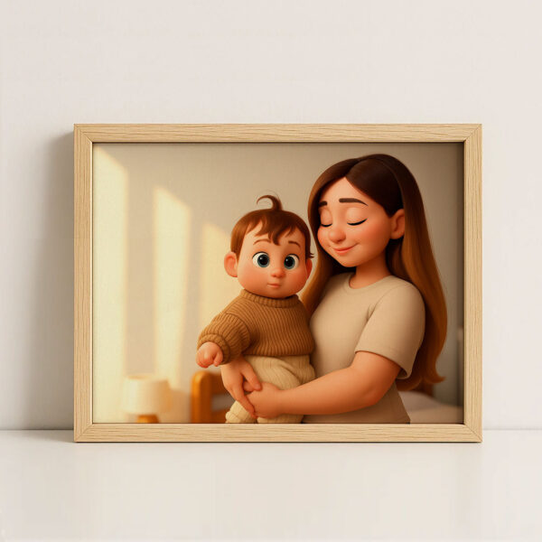 Charming Cartoon Art Print of a Loving Mother and Baby - Heartwarming Home Decor for Family Spaces - Image 3