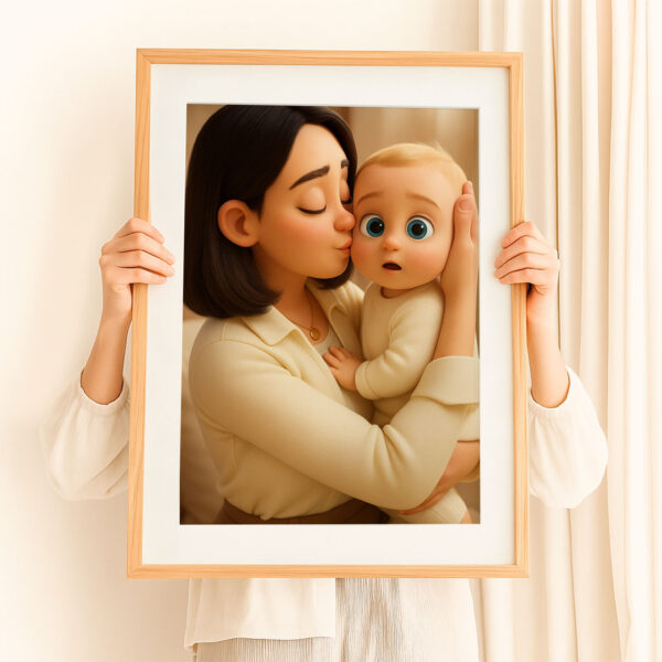 Adorable Cartoon Art Print of Loving Mother and Baby - Perfect Nursery Decor in Charming Style for Family Moments - Image 3